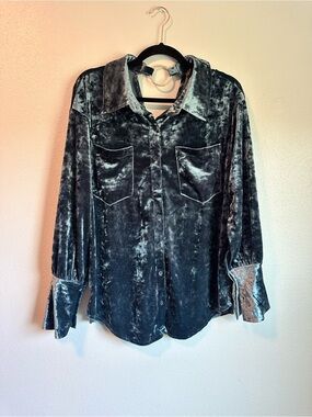 Crushed Velvet Button Down Shirt by JOA Los Angeles Blue Gray Long Sleeve Size S